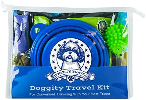 Dog Travel Kit - Dog, Puppy, Pet Travel Kit - Great for Friendly Hotels - Includes custom food mat, collapsible food or water bowl, treats, squeaky chew toy, food pouch, 40 waste bags, 2 wee wee pads