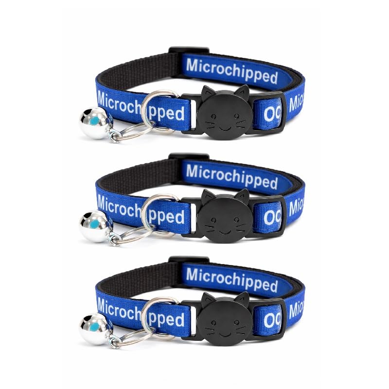 Worded Cat Collars with Bell – Please Do Not Feed Me, I Am Microchipped | Safe Quick Release Breakaway Buckle | Zacal Cat Collars (3. Blue, I Am Microchipped, Pack of 3)
