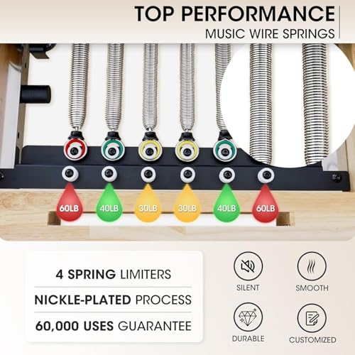 Pilates Reformer, PAETA Wooden Foldable Pilates Reformer Machine with Springs, Pilates Machines for Home Use and Studio, Pilates Equipment with Sitting Box, Jump Board and Accessories