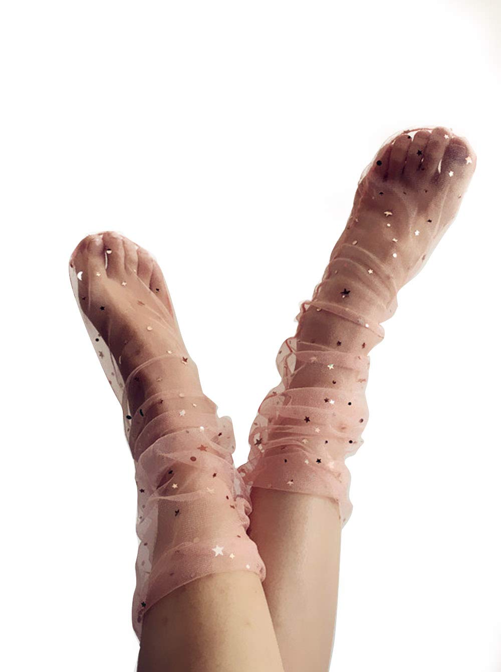 fxmimior Fashion Women Hot Glitter and Stars Tulle Socks, Pink, 10*48cm