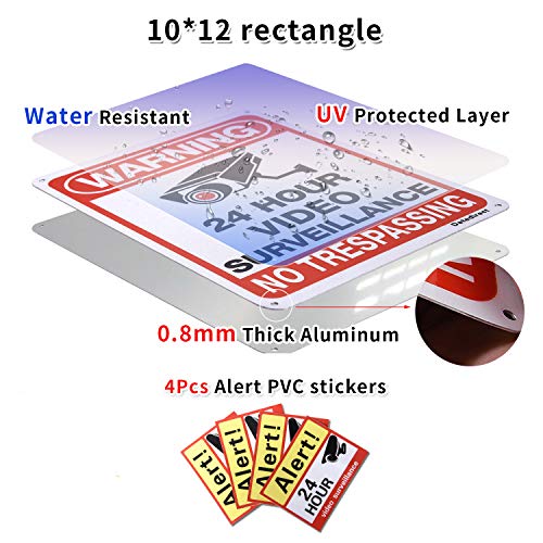 DateDirect 4-Pack Video Surveillance Sign，No Trespassing Metal Warning Aluminum Security Signs with 4 Stickers 10"x 7" 0.40 for Home Business CCTV Security Camera,UV Protected & Waterproof - Thumbnail 7