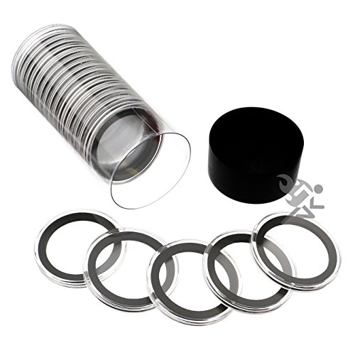 Black Lid Capsule Tube & 20 Air-Tite 38mm Black Ring Coin Holders for 1oz Silver Dollars