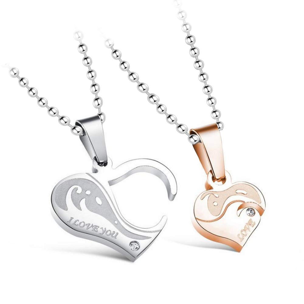Uloveido His and Hers Titanium Stainless Steel I Love You Pendant Necklace Couples 2 Pieces Love Heart Puzzle Matching Ball Chain Necklaces SN922-COUPLES