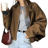 SKAYS Womens Faux Suede Bomber Jacket Lightweight Zip Up Cropped Lapel Pilot Jackets Oversized Casual Motorcycle Coat