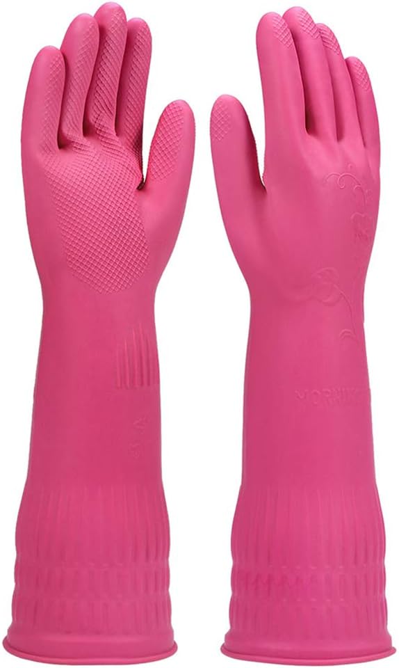 Rubber dishwashing gloves 3 Pairs for Kitchen,Household cleaning gloves long Waterproof Reuseable Durable.(Rose red,Medium)
