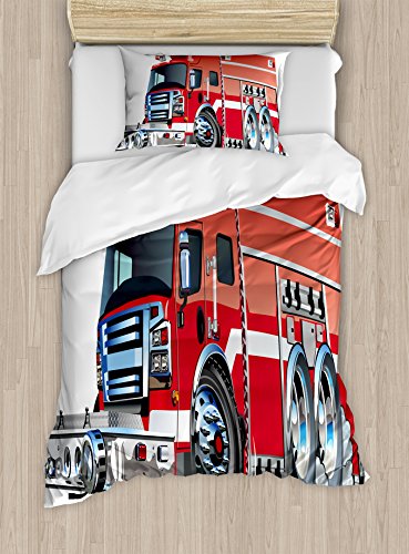 Ambesonne Cars Duvet Cover Set Twin Size, Big Fire Truck with Emergency Equipments of Universal Safety Rescue Team Engine Cartoon Theme, A Decorative 2 Piece Bedding Set with 1 Pillow Sham, Red Silver