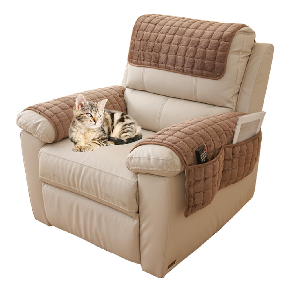 Sofa Armrest Cover, Nonslip Armchair Cover for Arms Headrest, Sofa Slipcover with Side Pocket Furniture Protector for Pets Leather Sofa Couch (Curry, 2 Seat Recliner)