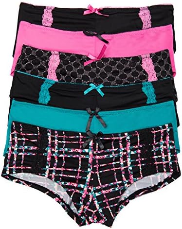 6 Pack Juniors Boyshort Panties with Lace Detail (X-Large, 6PK Wild)
