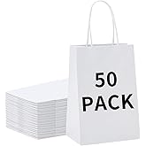 BAG BOX 50 Pack 5.9x3.1x8.25 Inch White Gift Bags with Handles,Bulk Kraft Paper Bags for Shopping, Retail, Merchandise, Wedding, Party Favors, Paper Grocery Sacks