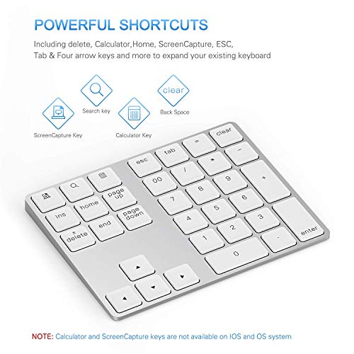 Bluetooth Number Pad, Lekvey Aluminum Rechargeable Wireless Numeric Keypad Slim 34-Keys External Numpad Keyboard Data Entry for Laptop, MacBook, MacBook Air/Pro, iMac, Windows, Surface Pro - Silver - Thumbnail 5