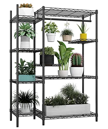 Xiofio Supporto per piante da interni ed esterni, 4 ripiani, 12 vasi da fiori con asta appendiabiti per soggiorno, balcone e giardino, colore nero
