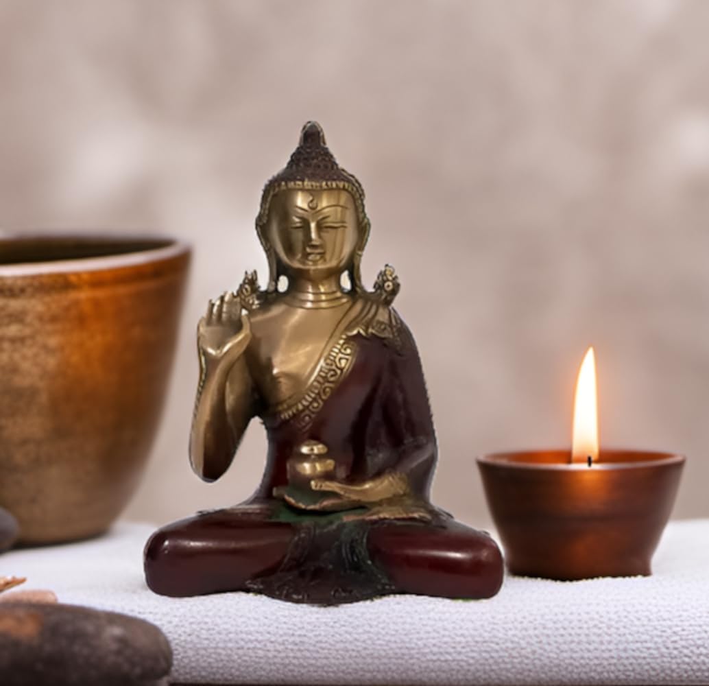 Purpledip Brass Idol Lord Buddha In Unique Maroon Finish Vitarka Mudra or Preaching Buddha: Collectible Statue For Temple, Decor Or Gifting (10999)