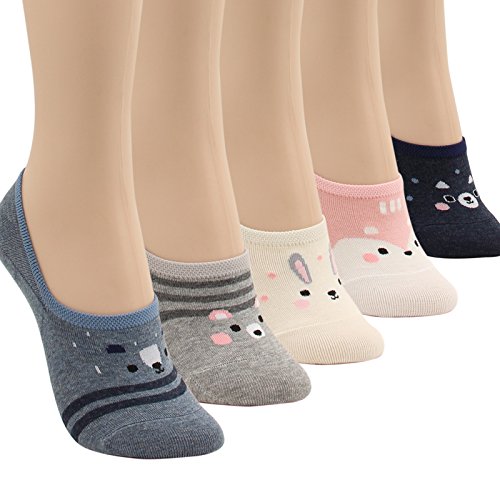 WOWFOOT Women Animal Design No-Show Casual Liner Socks Character Print Non Slip Flat Boat Line 4 Pair (5pair-Soft Animal) - Thumbnail 5