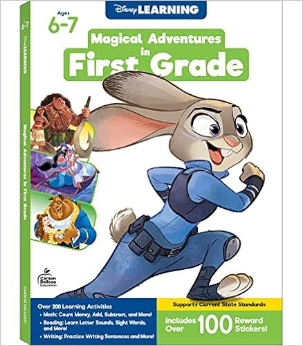 Disney Learning Magical Adventures in First Grade Workbook, Math, Reading, and Writing Activity Book With Stickers, Classroom or Homeschool Curriculum