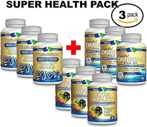 Probiotics &amp; Prebiotics Probiotic Supplement - Powerful 2-in-1 Formula + OMEGA 3 FISH OIL + WHOLE FOOD DAILY MULTIVITAMIN - The PERFECT SUPER HEALTH PACK For Women and Men - 3 Pack - By Steele Spirit