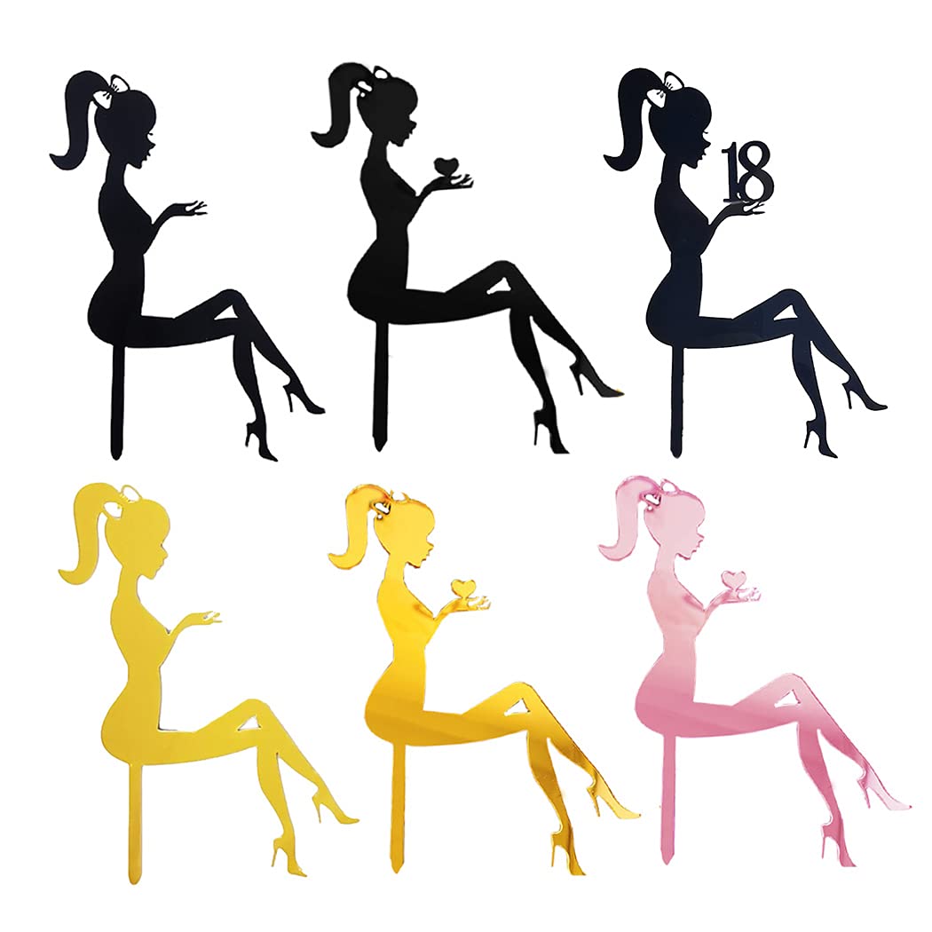 Aabellay 12PCS Happy Birthday Cake Topper Lady Silhouette High Heels Acrylic Cupcake Topper High-Heeled Girl Queen Birthday Party Cake Decorations Supplies Photo Booth Props