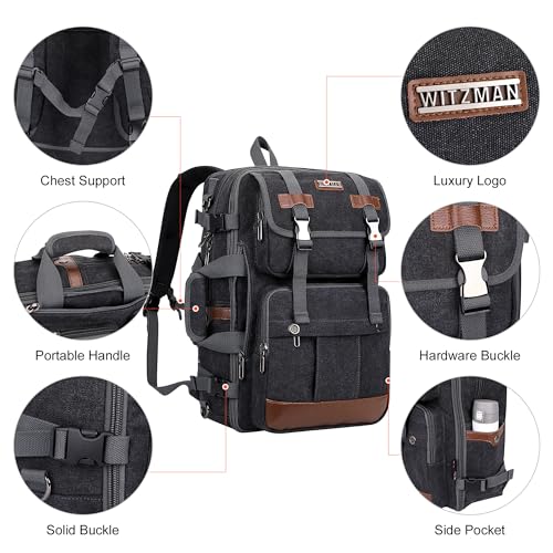 WITZMAN Canvas Travel Backpack for Men Large Laptop Backpack Fit 17 inch Carry-on Airline Approved Convertible Shoulder Rucksack(A6617-3 Black)