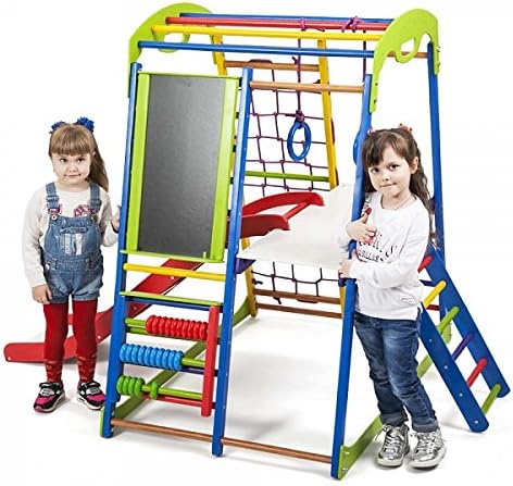 KindSport Kids home wooden playground toboggan ˝Sportwood-plus-3˝, climbing net, rings, swedish ladder