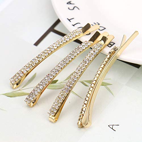 JETEHO 4 Pack Double Row Clear Sparkling Crystal Rhinestone Hair Barrettes Bobby Pins Clips Fashion Hair Clip Hair Accessories for Women (Gold)