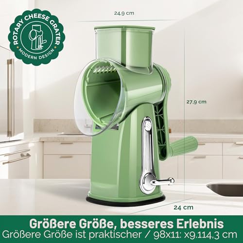 SUSTEAS Cheese Grater with Crank - Grater for Vegetables with 5 Drum Blades, Strong Suction Base, Vegetable Cutter, Ideal for Cheese, Cucumbers, Carrots, Nuts, Vegetables etc., with Blade Storage Box (Retro Green)