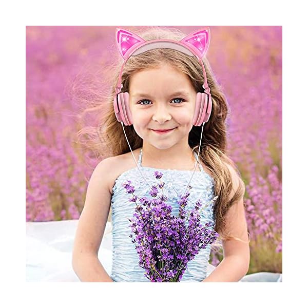 Kids-Cat-Ear-Headphones-for-Girls-Tablet-School-Supplies-Gifts-Light-Up-Wired-Adjustable-Kids-Headphones-Foldable-Over-Ear-Game-Headset-for-Travel-Birthday-ChristmasPeach esonstyle Kids Headphones for Girls, Cat Ear Headphones with Led Light and Volume Limit, Wired Foldable Headphones On…