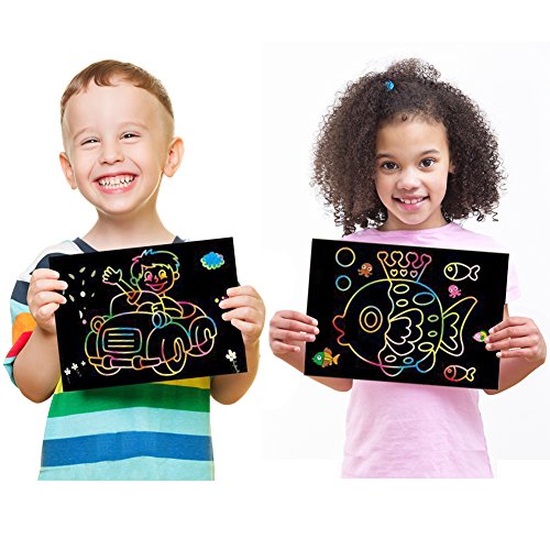 image for HANGNUO 50 Pack Rainbow Scratch Art Paper with 5 Bamboo Stylus and 4 C