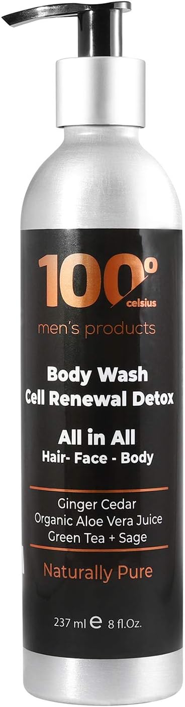 Mens Face Wash Cell Renewal Detox 8OZ- Body Wash All in All for Men 100 Celsius - For Hair, Face and Body w/Organic Extracts- Sage, Green Tea and Ginger Cedar.