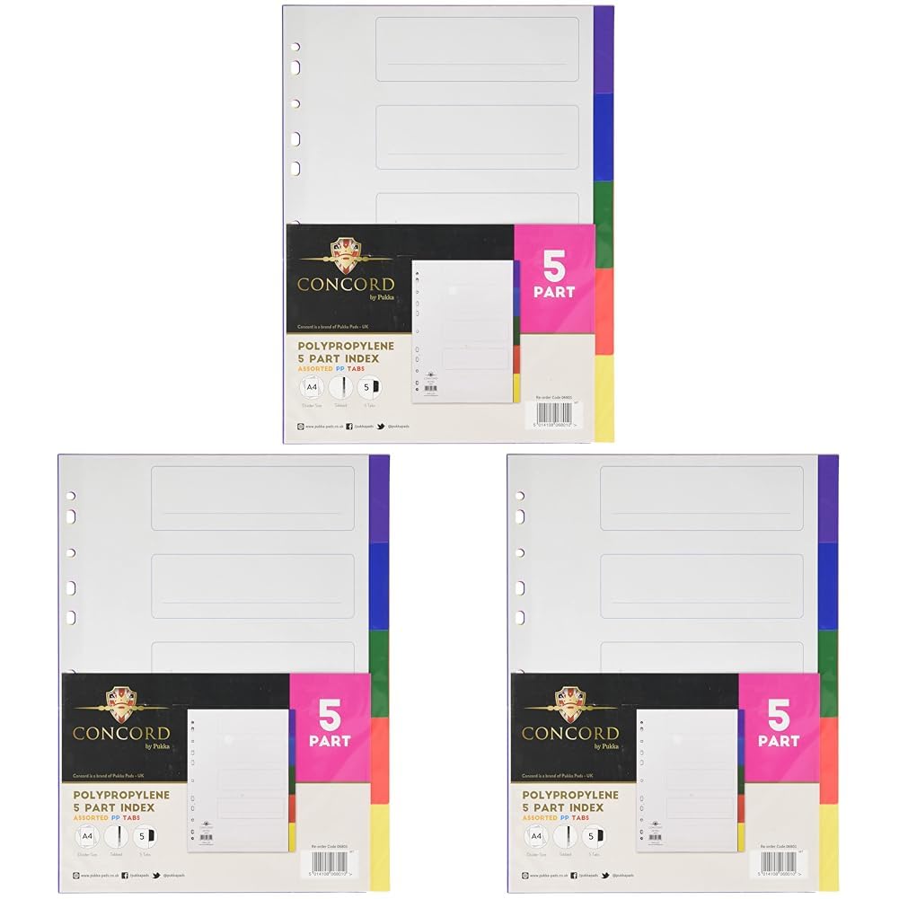 Concord Plastic Subject Dividers Polypropylene 120 Micron Europunched 5-Part A4 Assorted Ref 06801 (Pack of 3)
