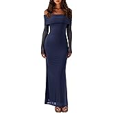 REORIA Women Off Shoulder Long Sleeve Dress Elegant Sexy Stretch Mesh Double Lined Slim Trendy Long Dresses