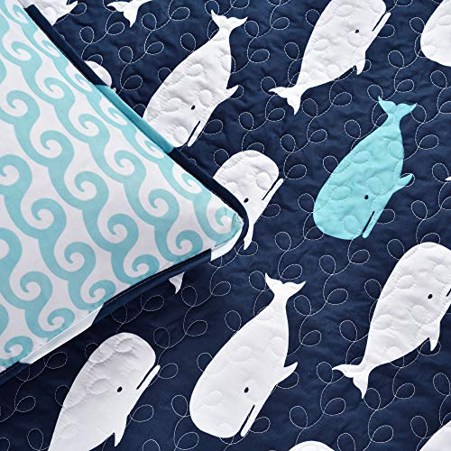 Lush Decor Whale Kids Reversible 4 Piece Quilt Bedding Set with Sham and Decorative Throw Pillows, Twin, Navy
