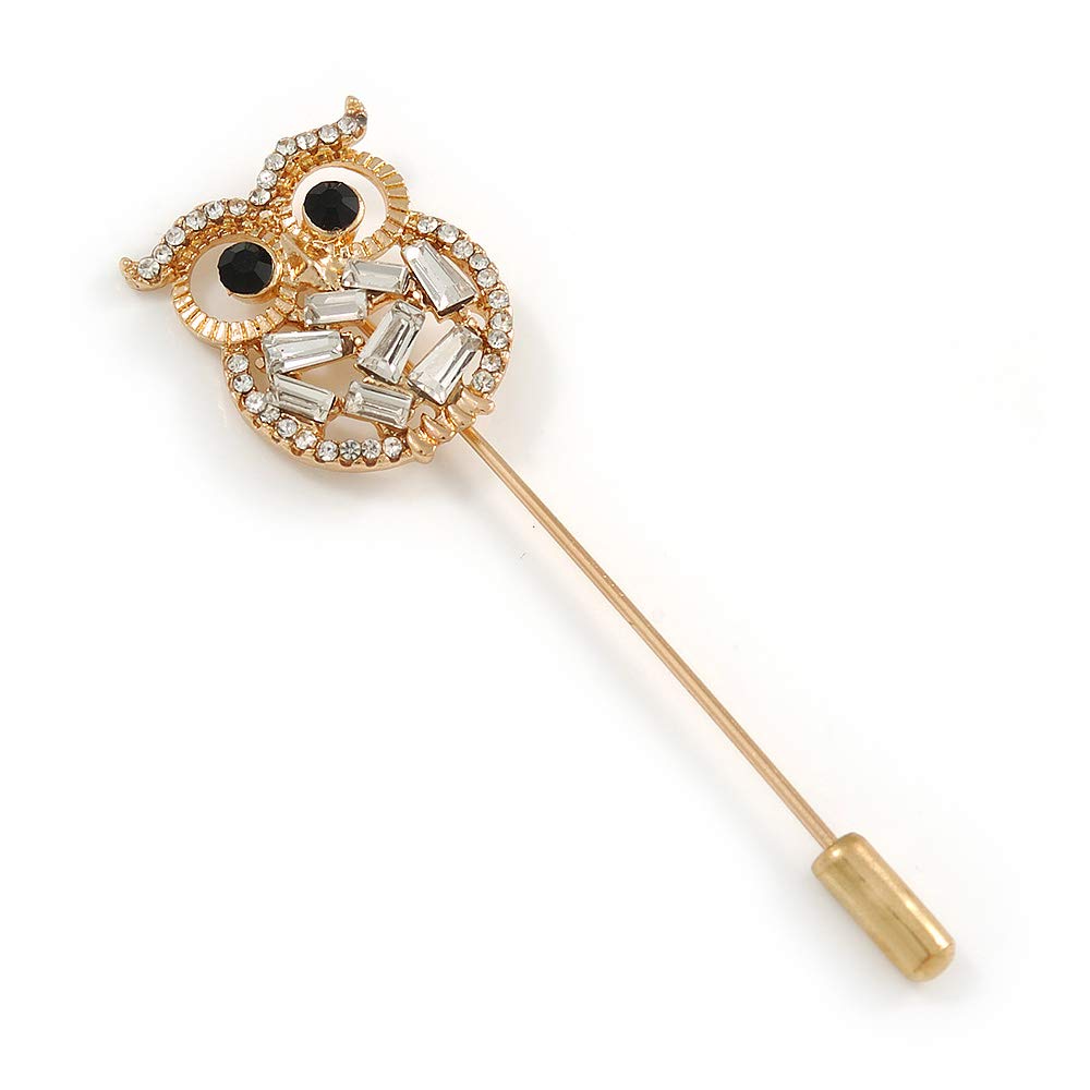 Gold Tone Clear Crystal Owl Lapel, Hat, Suit, Tuxedo, Collar, Scarf, Coat Stick Brooch Pin - 65mm L