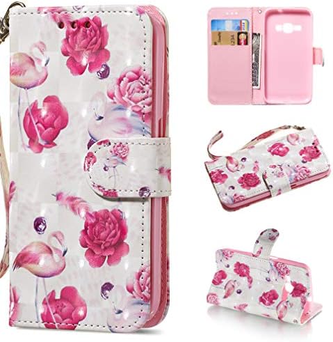 3D Painted Wallet Cover Case for Galaxy Express 3 J120A; PU Leather Case Wrist Strap Stand Protective Cover Compatible Samsung Galaxy J1 2016 SM-J120F/ SM-J120M 4.5 inches Smartphone - Rose Beautiful