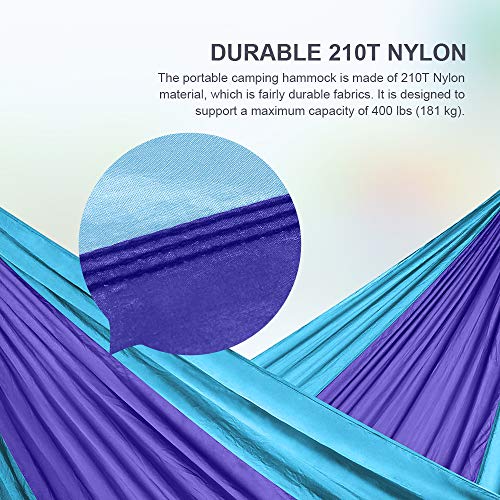 JBM Hammock Single Double Camping Lightweight Portable Parachute Hammock Outdoor Hiking Travel Backpacking - Nylon Hammock Swing - Support 400lbs with Nylon Ropes and Steel Carabiners (Purple & Blue) - Thumbnail 4