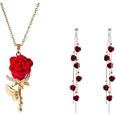 A-yeite Red Rose Earrings Necklace Jewelry Set for Women Dainty Crystal Rhinestone Rose Flower Pendant Necklace Dangle Earrings Valentines Day Birthday Gifts
