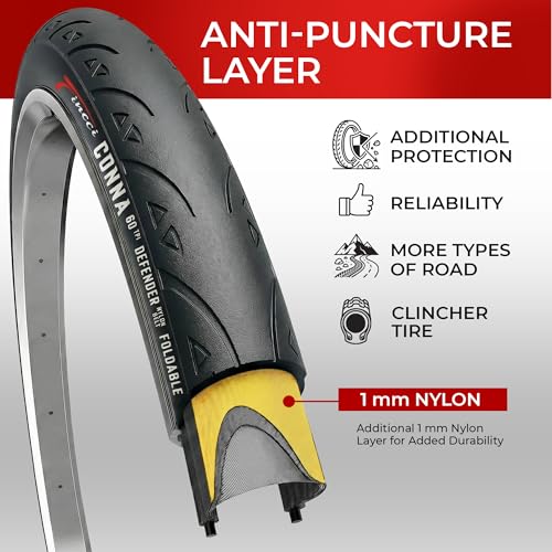 Fincci Bicycle Road Tyre 700 x 23c – Pair of Tyres 23-622 Puncture Protection Puncture Protection 1 mm, 60TPI with 2 x 700 x 23c Presta Inner Tubes – for Road Racing, Touring, Bici – Pack of 2 Conna