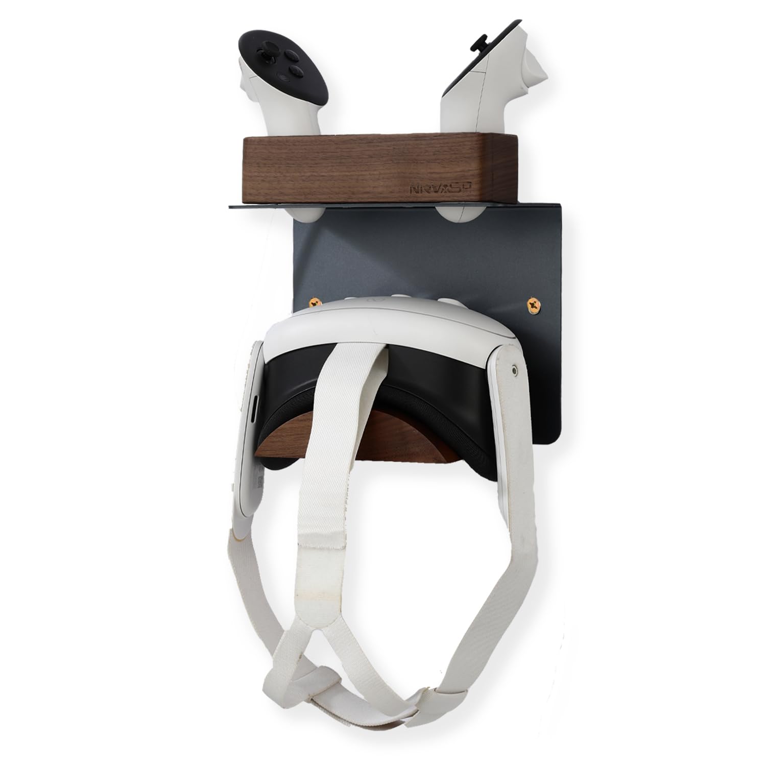 NIRVASH Walnut VR Headset Wall Mount Holder, Wood VR Wall Stand Storage Hook Compatible with Meta/Oculus Quest 3, 2, 3S, Vive Display Hanger, Game Room Decor Vintage Gift Organizer Shelf (No Charger)