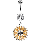 Pierced Owl 14GA Stainless Steel CZ Crystal Sunflower Dangling Belly Button Ring