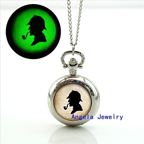 Pretty Lee Fashion Glass sherlock holmes Jewelry sherlock holmes Glowing Pocket Watch Necklace Glow in the Dark