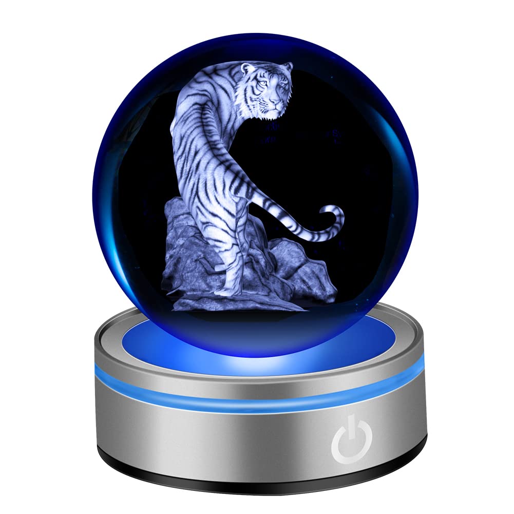 IFOLAINA 3D Tiger Statue Crystal Ball Light White Tiger Ornaments Gifts for Women Glass Tiger Stuff Animals Figurines for Home Living Room