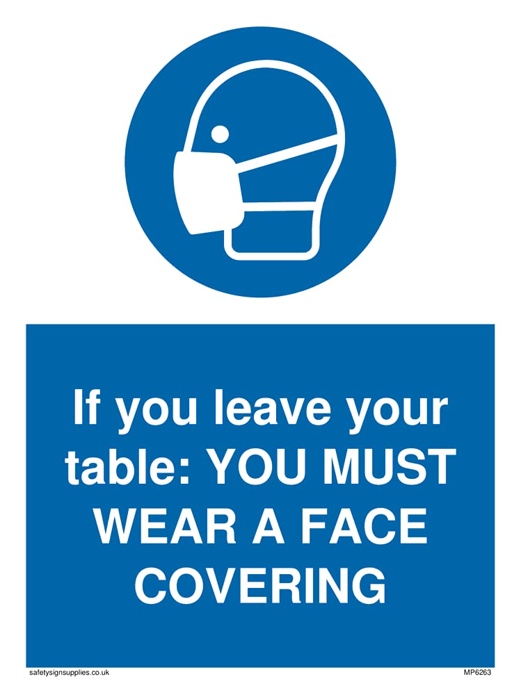 Pack of five - If you leave your table: YOU MUST WEAR A FACE COVERING Sign - 150x200mm - A5P