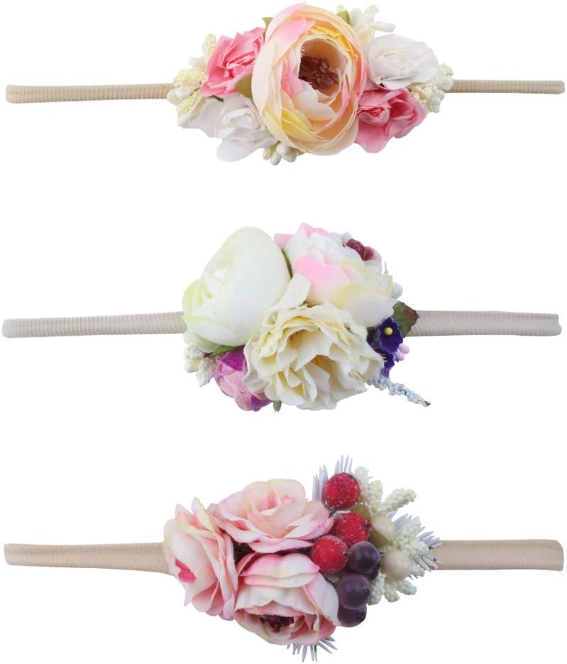 DELEBAO Baby Girls Floral Headbands Nylon Flowers Crown Hair Bow Elastic Bands for Newborn Infant Toddlers Kids