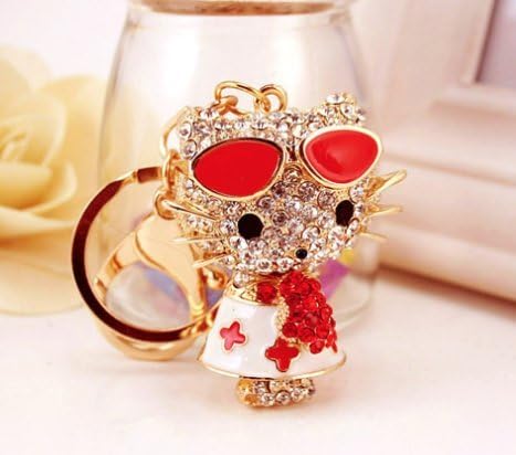 Elfstore Beautiful 3D RED Hello Kitty With GLASSES rhinestone keychain, Car key ring, Handbag Purse accessories