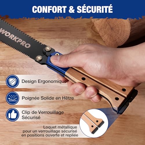 WORKPRO Japanese Folding Saw 310mm, Double Sided Pulling Saw 11/17 TPI | SK5 Flexible Steel Blade, Beech Wood Non-Slip Handle, Precise Wood Saw for Carpentry, Gardening and Camping