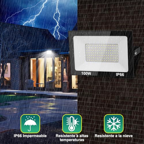 100W Reflectores Led Exteriores 2 Pack, Luz Exterior IP66 Impermeable, Iluminación Equivalente a 1000W, 6500K Luz Fría, 9000LM, Para Jardines, Terrazas, Fábricas, Muelles, Plazas Iluminación
