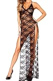 LamourLove Women's Lingerie Plus Size Halter Black Lace Sexy Robe High Split Long Gown Dress Set(X-Large)