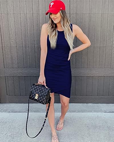 BTFBM Women's Sleeveless Bodycon Mini Dress – Ruched, Stretchy, Deep Blue Summer Dress