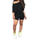 FANDEE 2 Piece Outfits for Women 3/4 Sleeve Off Shoulder Summer Tracksuits Tie up Top Biker Short Sets Clubwear