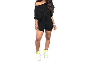 FANDEE 2 Piece Outfits for Women 3/4 Sleeve Off Shoulder Summer Tracksuits Tie up Top Biker Short Sets Clubwear