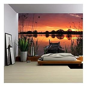 Old Bridge on Sunset on The Lake - Removable Wall Mural | Self-Adhesive Large Wallpaper - 66x96 inches
