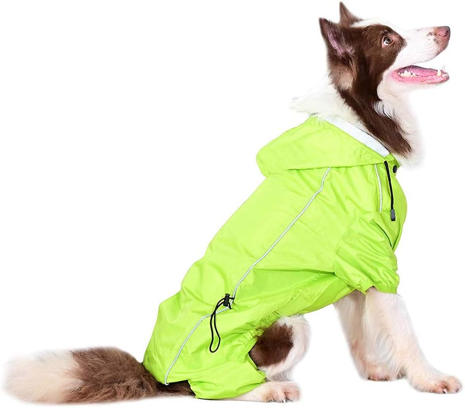 Companet Dog Raincoat Four Feet Adjustable Dog Snow Rain Jacket Dog Rain Poncho with Hood Safe Reflective Stripes for Medium Large Pet